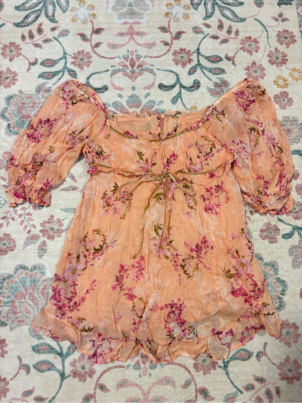 Free People Marney Peach Floral Puff Sleeve mini Dress